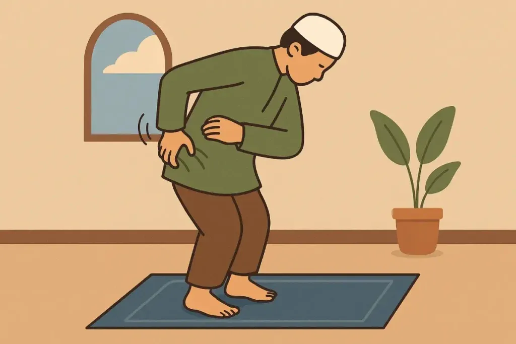 Seorang pria sedang berada dalam posisi ruku' saat sholat, menggambarkan konteks 3 kali gerak saat sholat.