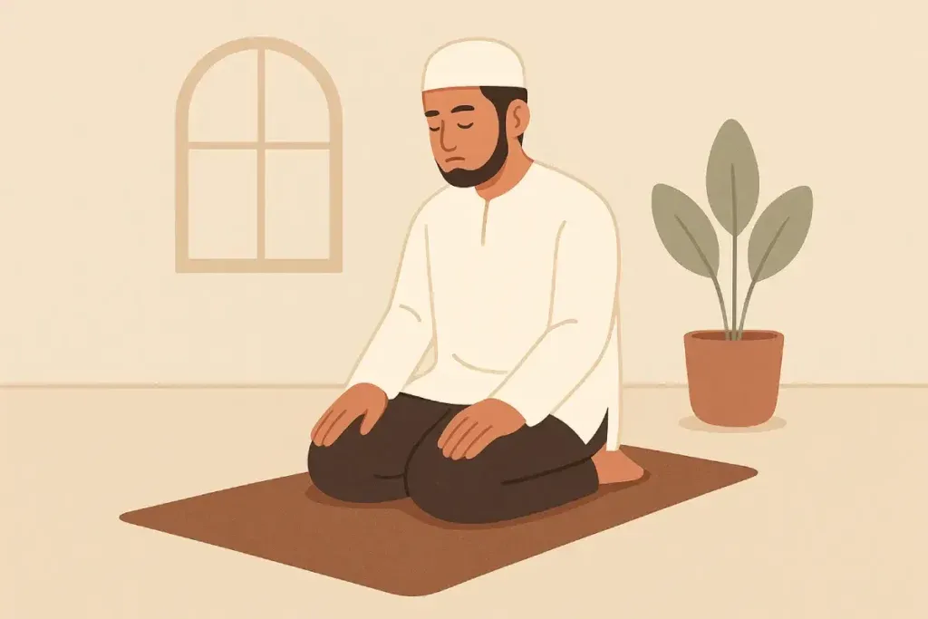 Seorang pria sedang duduk dalam posisi sholat, menggambarkan situasi larangan dalam sholat yang harus dihindari.