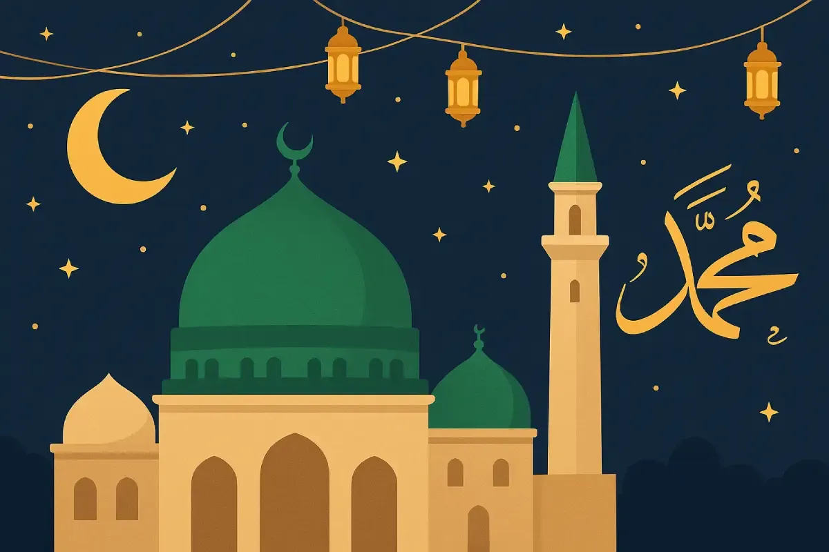 Ilustrasi masjid dengan kaligrafi nama Nabi Muhammad di bawah langit malam yang dipenuhi bulan, bintang, dan lentera, menggambarkan suasana Maulid Nabi Muhammad.