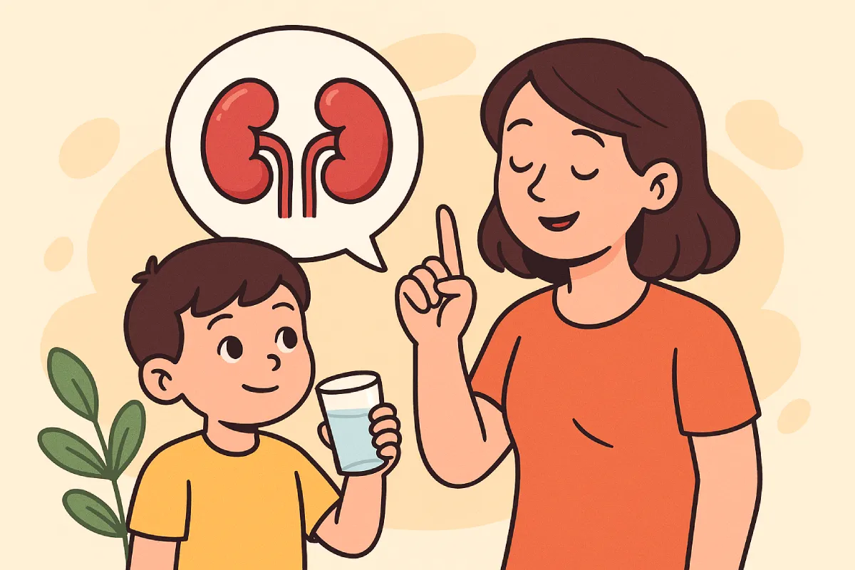 Seorang ibu sedang mengajarkan anak tentang ginjal sambil menunjukkan gambar organ, menggambarkan cara menjaga kesehatan ginjal untuk anak-anak.