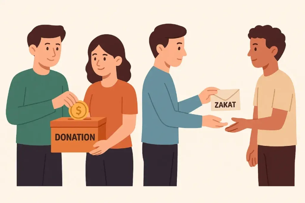 Orang-orang sedang menyalurkan bantuan ke kotak donasi dan zakat secara langsung, menggambarkan perbedaan antara keduanya.